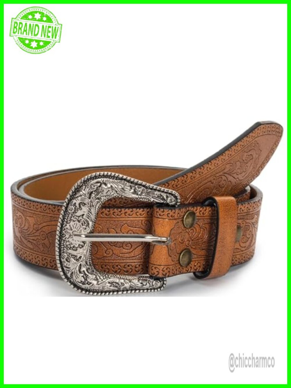 Western Belt Floral Embossed Leather Silver Buckle Adjustable